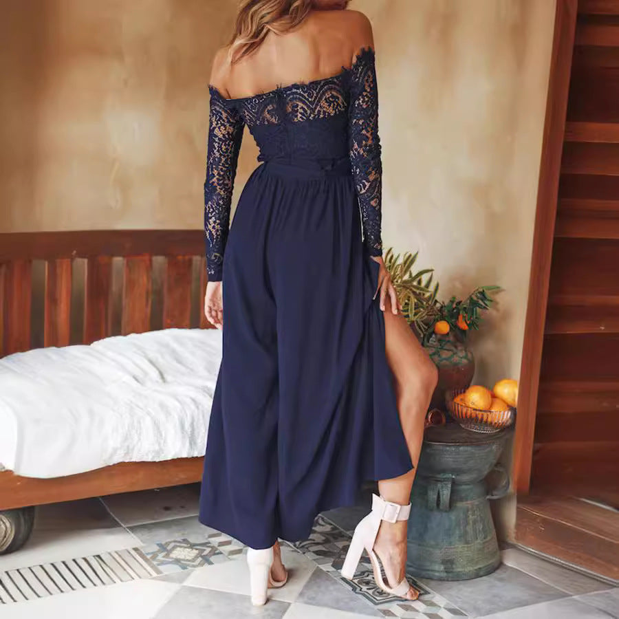 Jumpsuits - Women's Solid Color Lace High Waist Strap Loose Jumpsuit