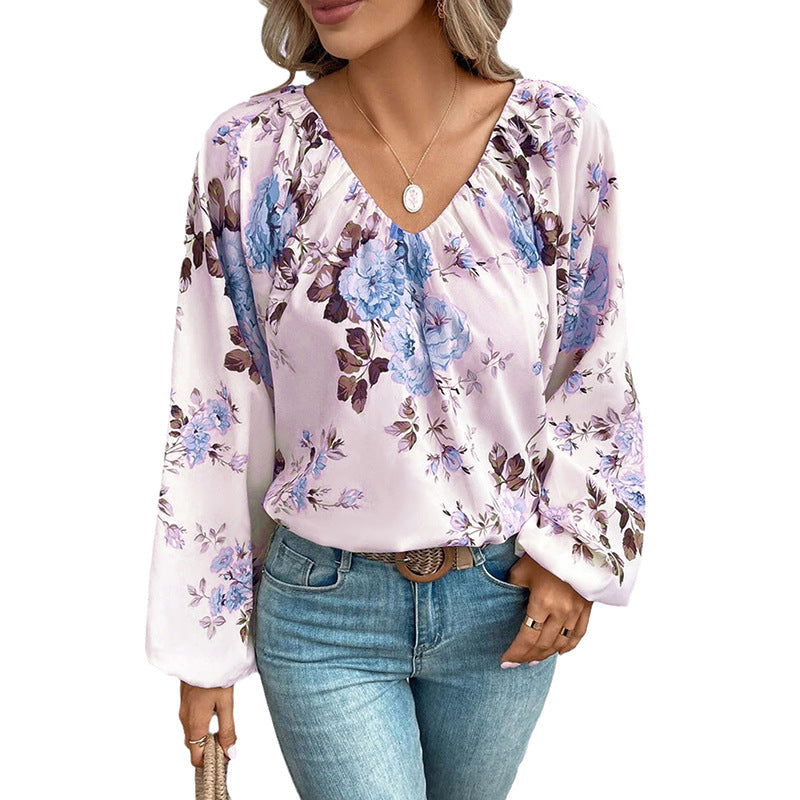 Blouses - Women's Pullover V-neck Long-sleeved Chiffon Shirt European And American Top
