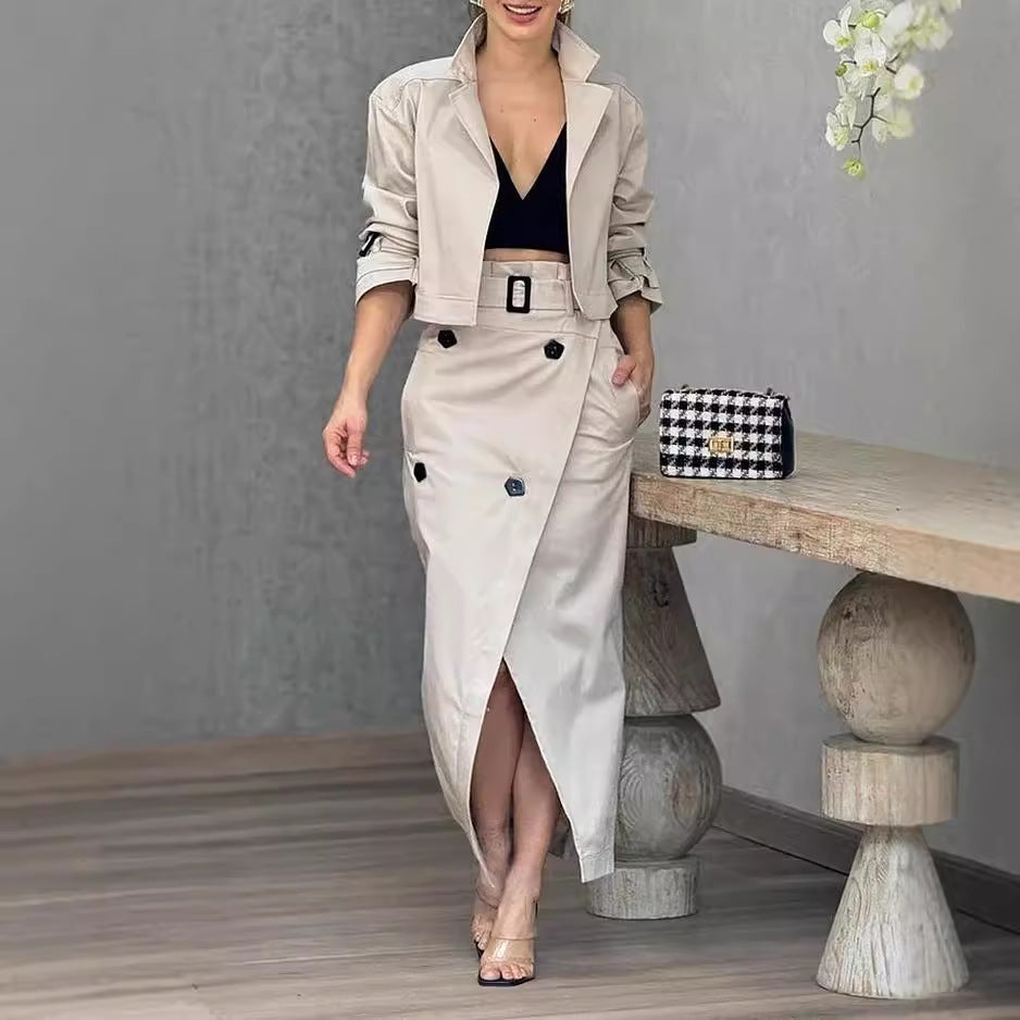 Skirt Set - Women's Suit Lapel Patchwork Coat Skirt Two-piece Set Including Belt
