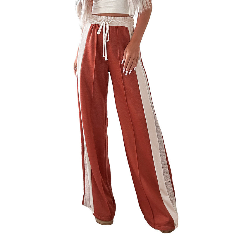 Pants - Women's High Waist Wide Leg Pants European And American Simple Loose Color Matching Drawstring