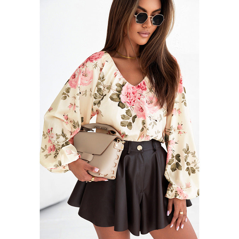 Blouses - Women's Pullover V-neck Long-sleeved Chiffon Shirt European And American Top