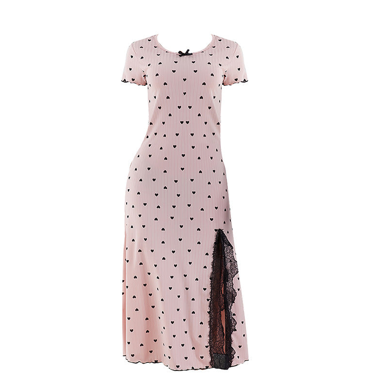 Pajamas - Round Neck Short Sleeve Love Plus Size Slit Mid-length Dress