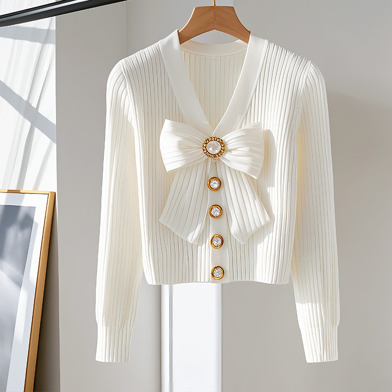 Cardigans - White Long-sleeved Fashionable High-end Chic Sweater