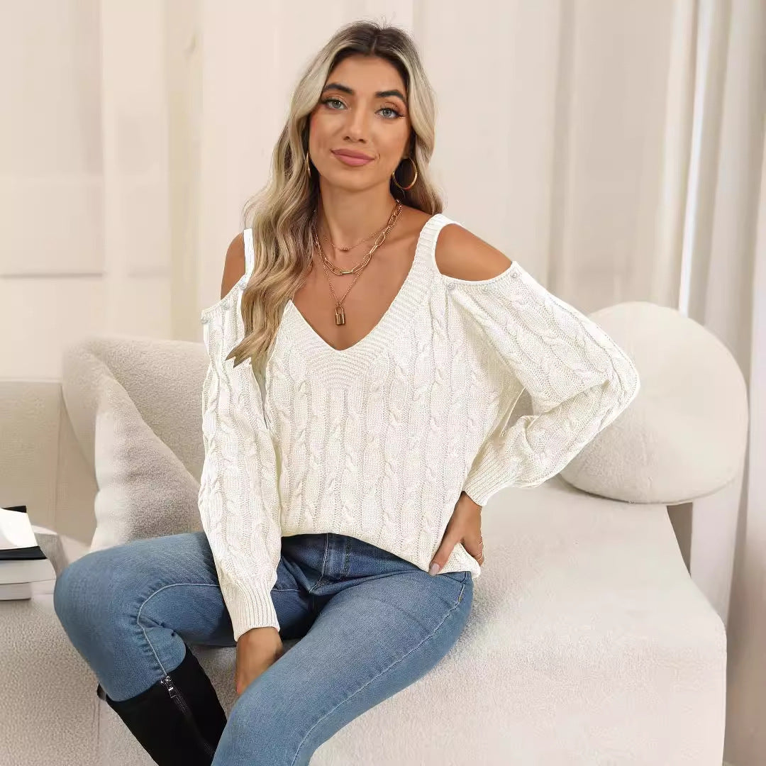 Sweaters - Woven Bottoming Shirt Deep V Off-the-shoulder Pullover Loose Sweater