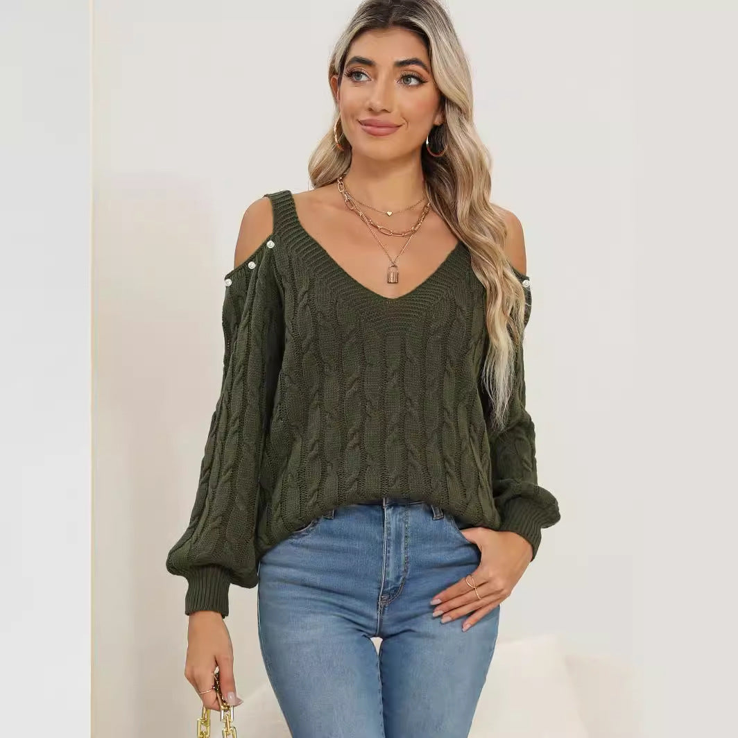 Sweaters - Woven Bottoming Shirt Deep V Off-the-shoulder Pullover Loose Sweater