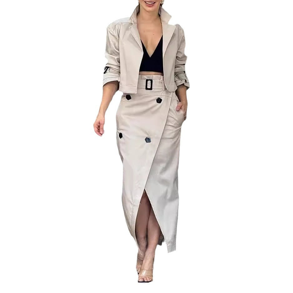 Skirt Set - Women's Suit Lapel Patchwork Coat Skirt Two-piece Set Including Belt