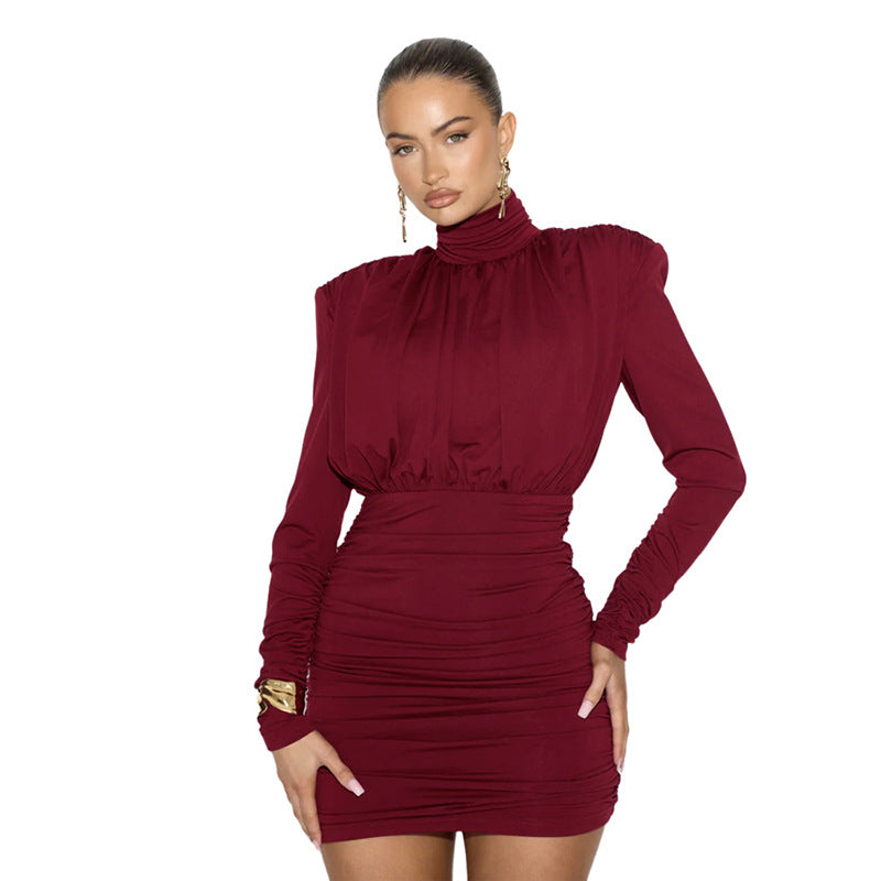 Bodycon Dresses - Temperament High Collar Pleated Waist Tight Sheath Dress