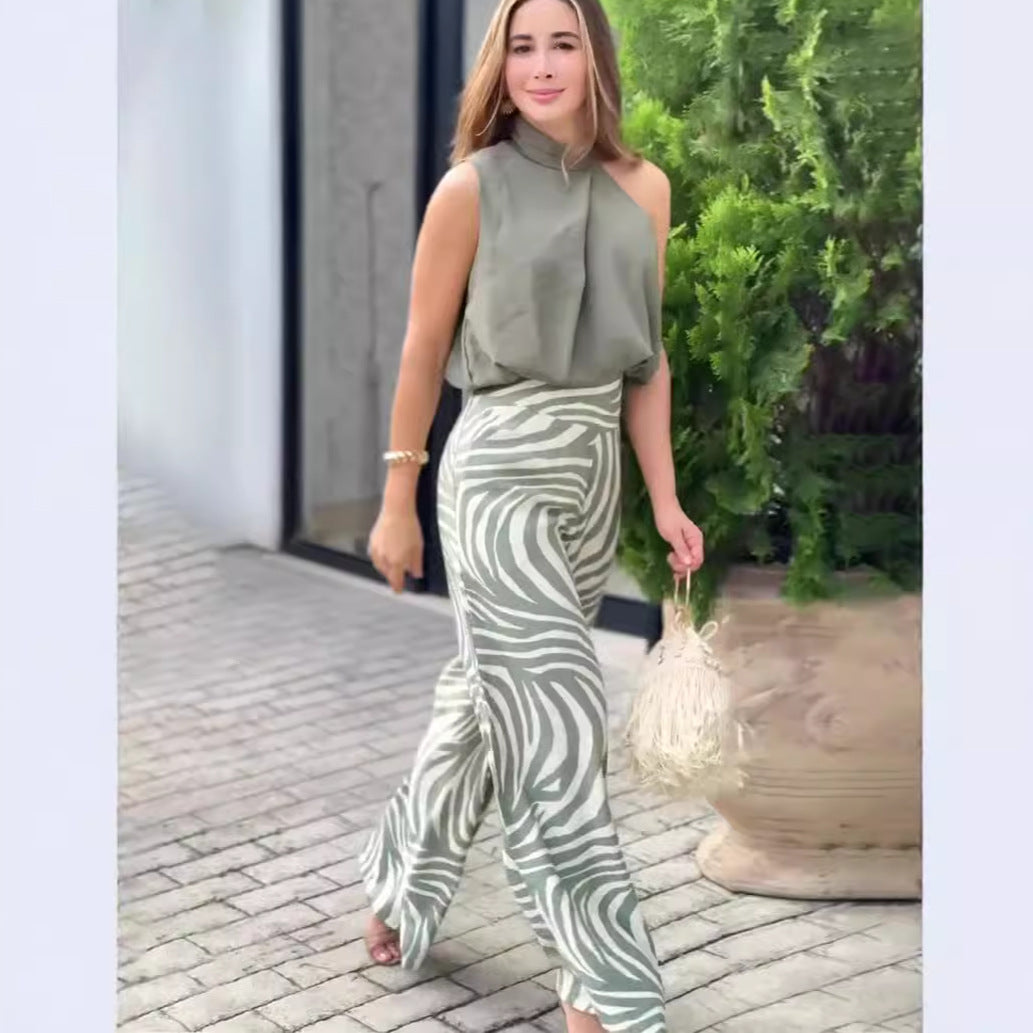 Pants Set - Top Zebra Print Wide Leg Pants Fashion Two-piece Suit Women's Clothing