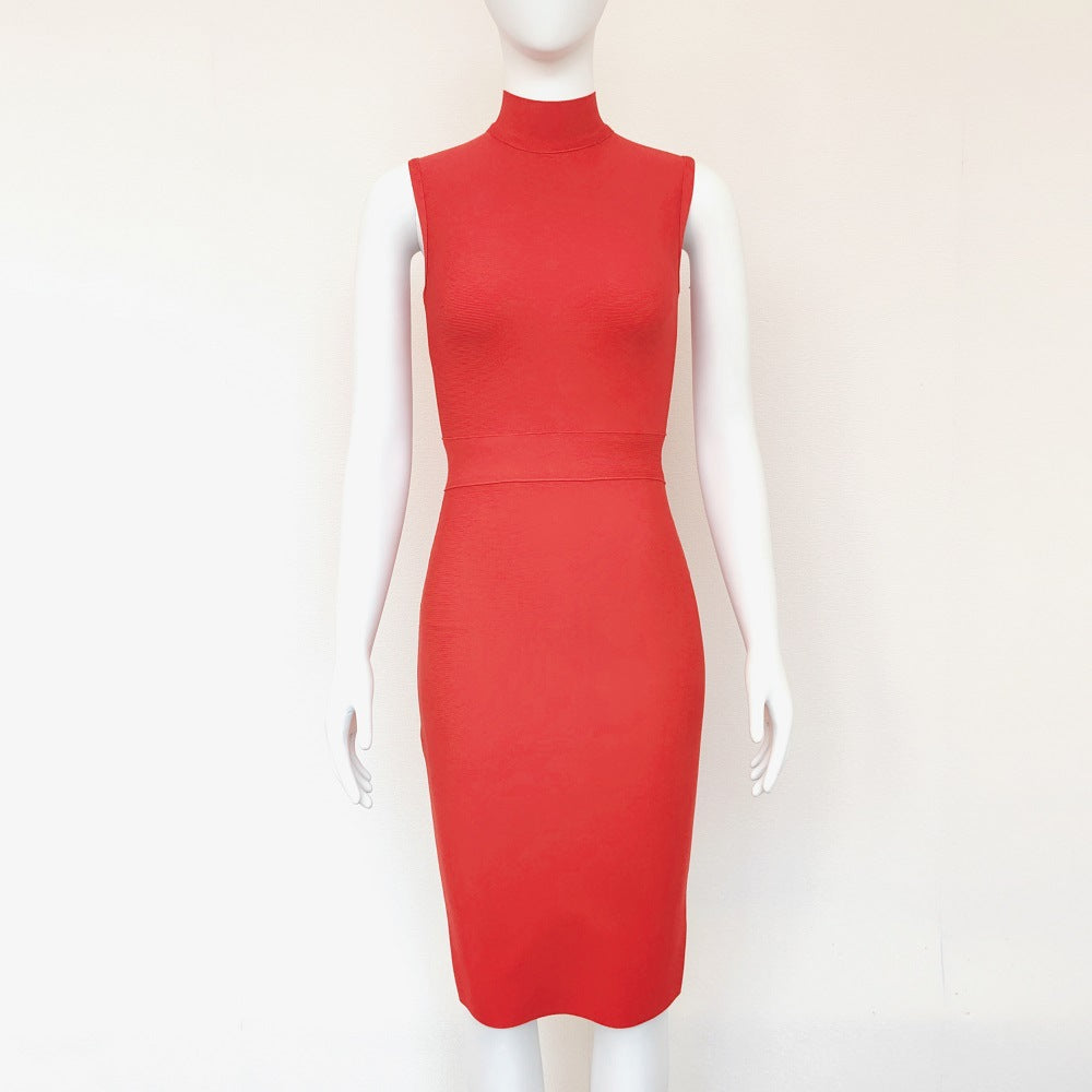 Bodycon Dresses - Women's Turtleneck Sleeveless Slim Stretch Dress