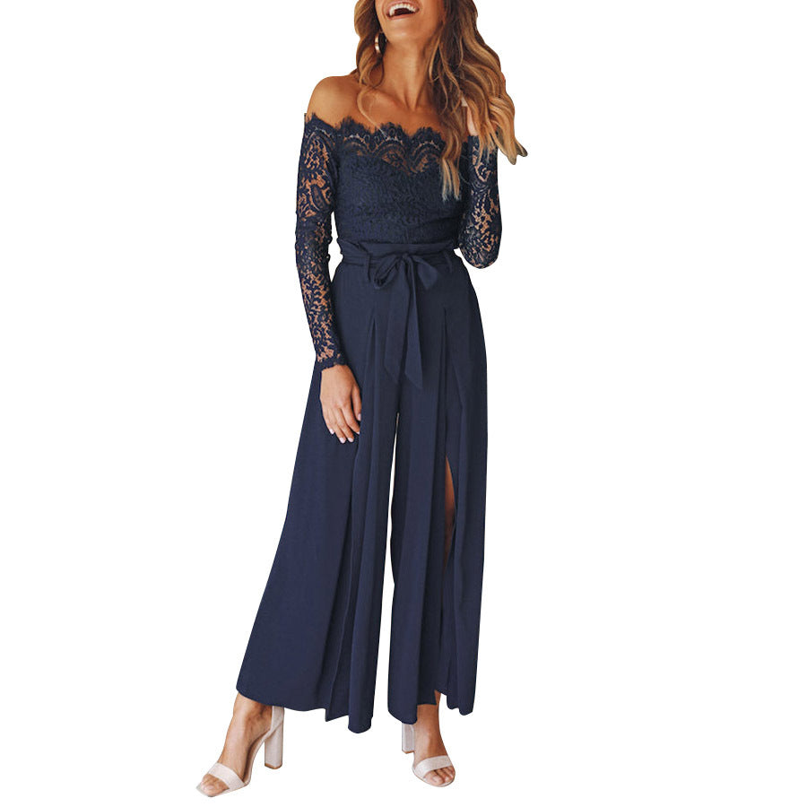 Jumpsuits - Women's Solid Color Lace High Waist Strap Loose Jumpsuit