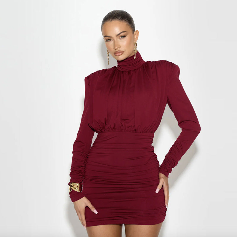 Bodycon Dresses - Temperament High Collar Pleated Waist Tight Sheath Dress