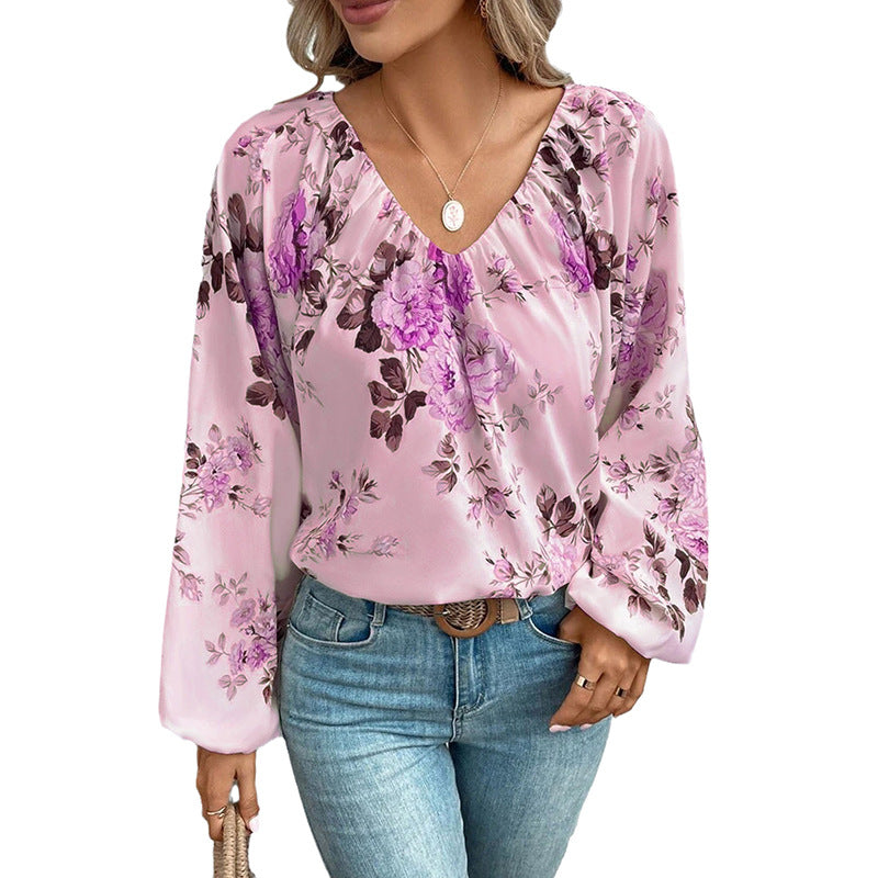 Blouses - Women's Pullover V-neck Long-sleeved Chiffon Shirt European And American Top