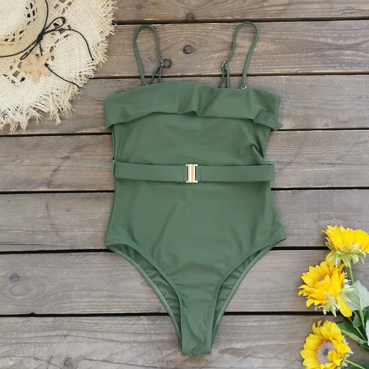 One Piece Swimsuit - Elegant One-Piece Swimsuit with Belt Detail for Chic Beachwear