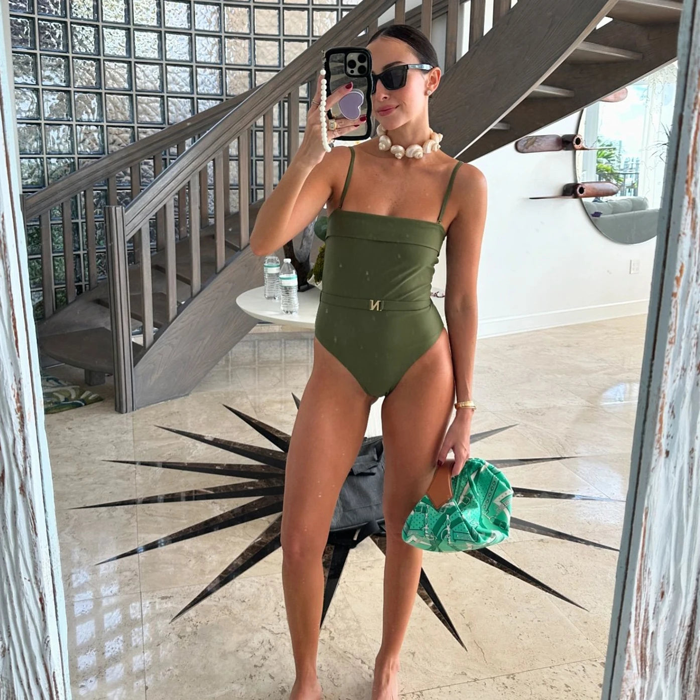 One Piece Swimsuit - Elegant One-Piece Swimsuit with Belt Detail for Chic Beachwear