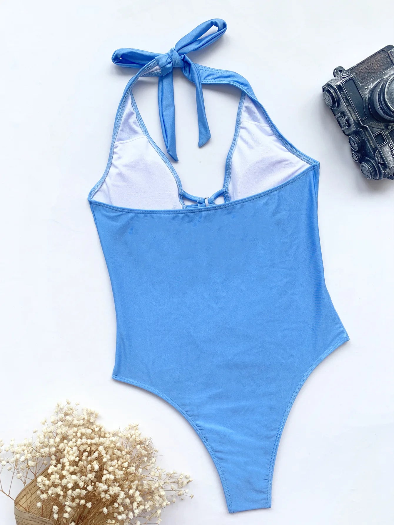 One Piece Swimsuit - Plunge Neck One Piece Halter Swimsuit for Tropical Vacations