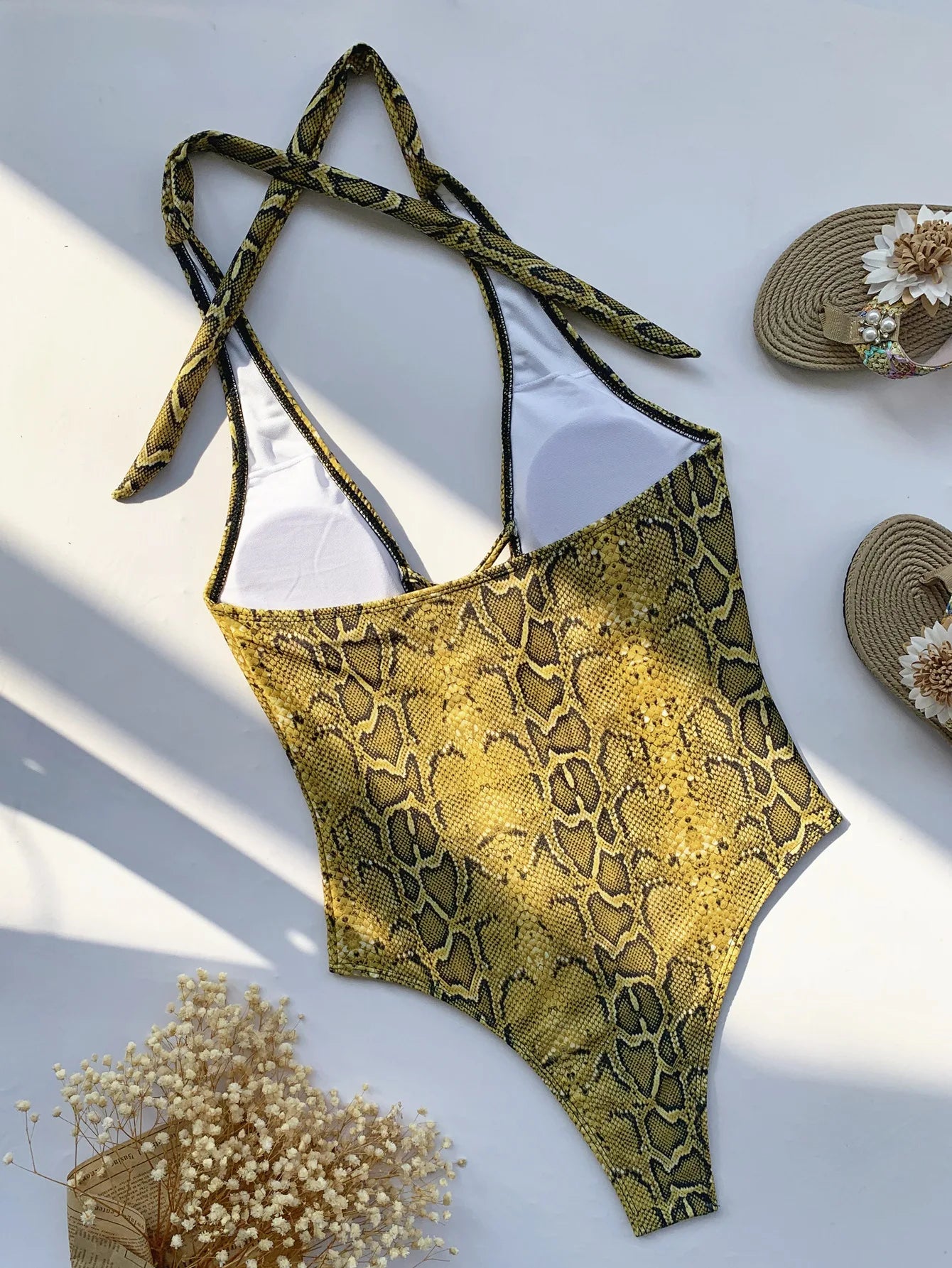 One Piece Swimsuit - Plunge Neck One Piece Halter Swimsuit for Tropical Vacations