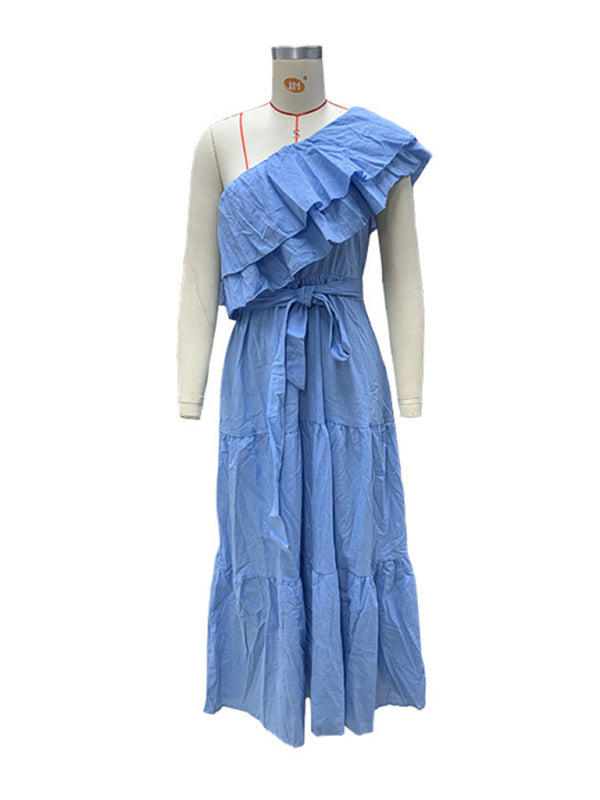One Shoulder Dresses - Casual Vacation Blue Maxi Dress | One-Shoulder Ruffle