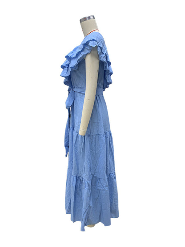 One Shoulder Dresses - Casual Vacation Blue Maxi Dress | One-Shoulder Ruffle