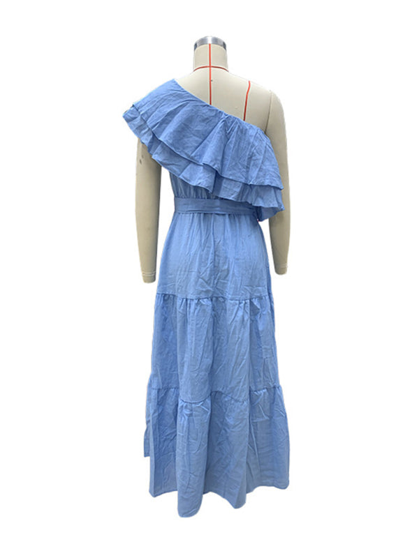 One Shoulder Dresses - Casual Vacation Blue Maxi Dress | One-Shoulder Ruffle