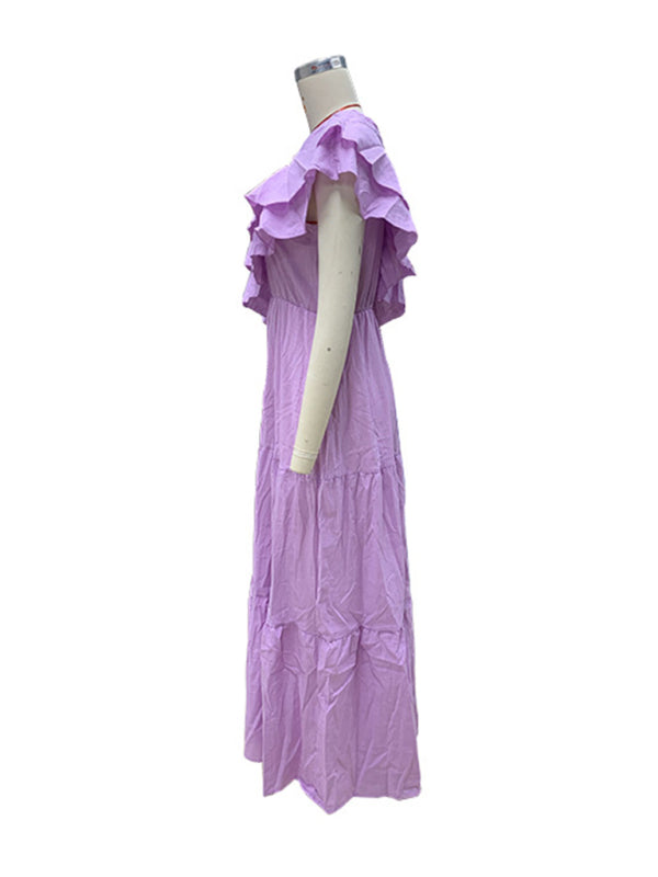 One Shoulder Dresses - Casual Vacation Blue Maxi Dress | One-Shoulder Ruffle