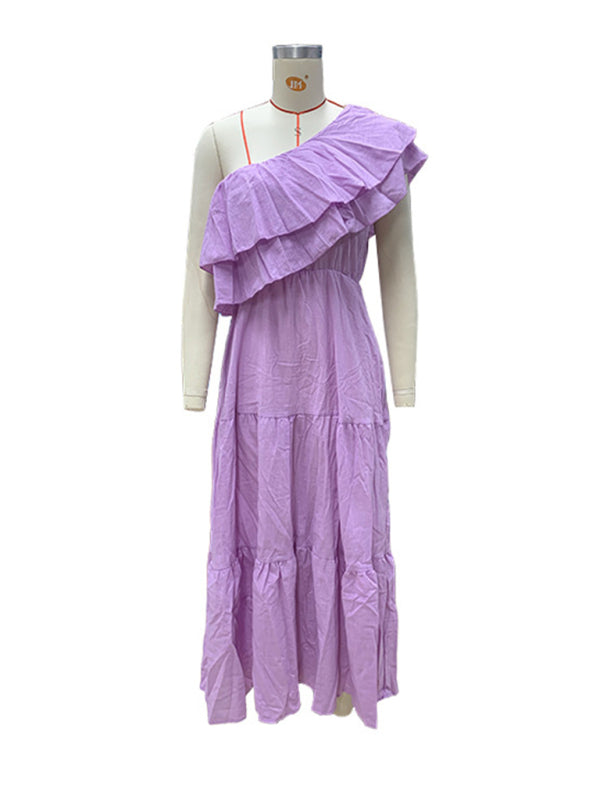 One Shoulder Dresses - Casual Vacation Blue Maxi Dress | One-Shoulder Ruffle