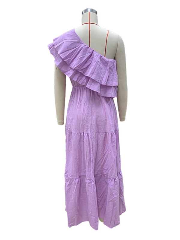 One Shoulder Dresses - Casual Vacation Blue Maxi Dress | One-Shoulder Ruffle