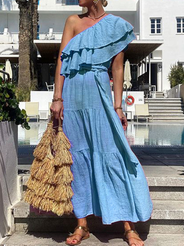 One Shoulder Dresses - Casual Vacation Blue Maxi Dress | One-Shoulder Ruffle