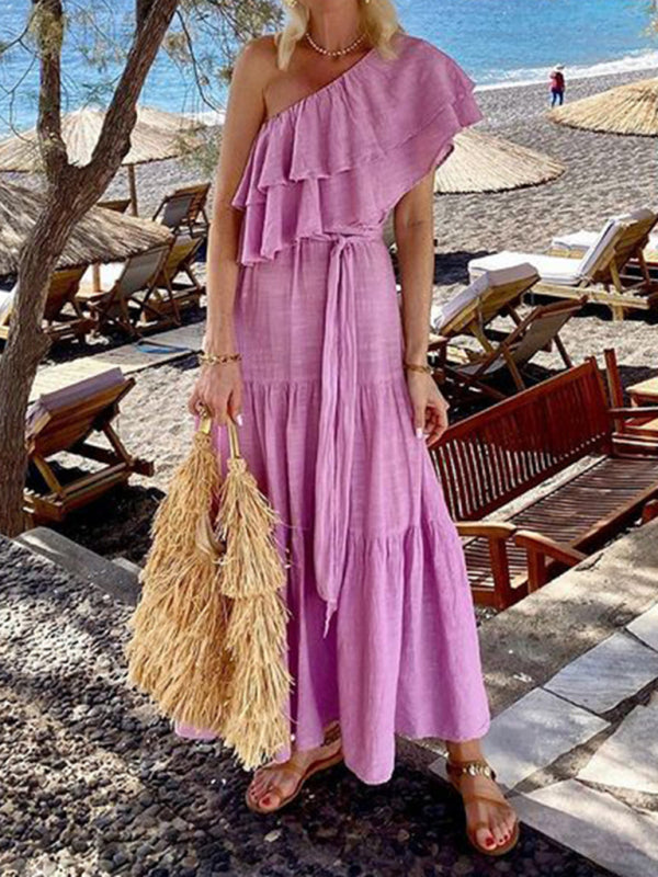 One Shoulder Dresses - Casual Vacation Blue Maxi Dress | One-Shoulder Ruffle