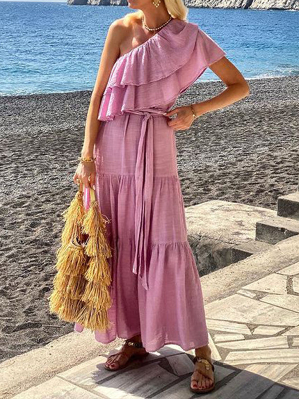 One Shoulder Dresses - Casual Vacation Blue Maxi Dress | One-Shoulder Ruffle