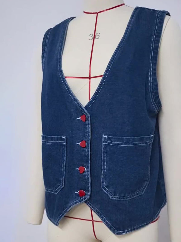 Outerwear - Casual Women's Denim Vest with Heart Buttons