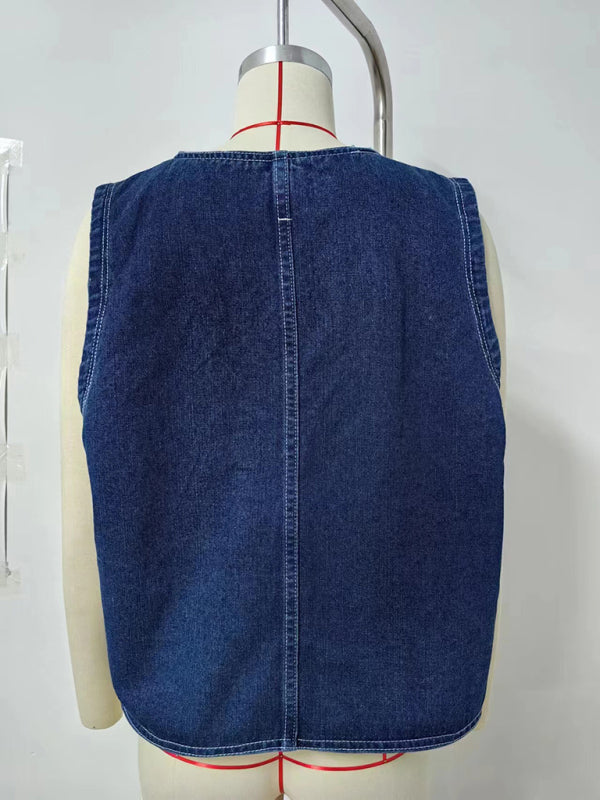 Outerwear - Casual Women's Denim Vest with Heart Buttons