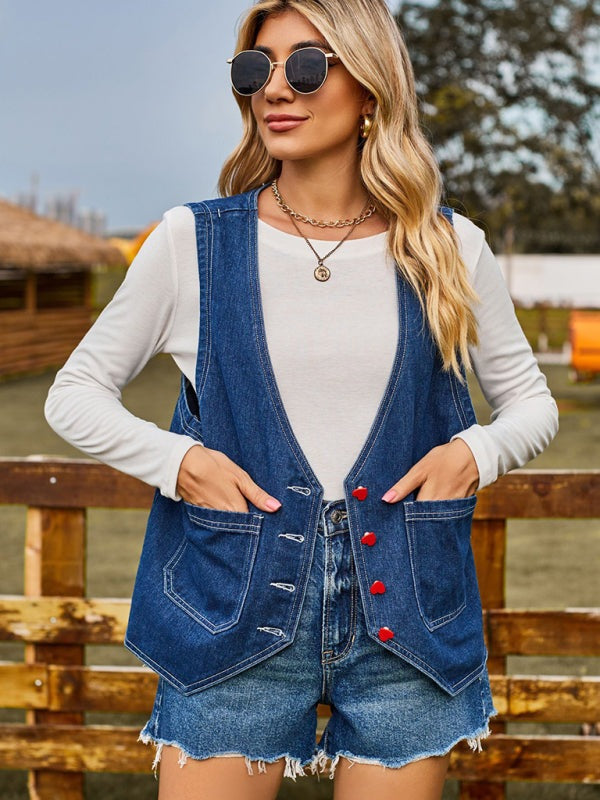 Outerwear - Casual Women's Denim Vest with Heart Buttons