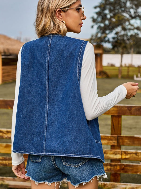 Outerwear - Casual Women's Denim Vest with Heart Buttons