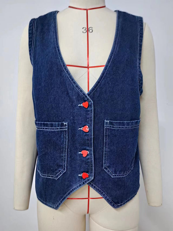 Outerwear - Casual Women's Denim Vest with Heart Buttons