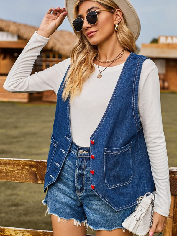 Outerwear - Casual Women's Denim Vest with Heart Buttons