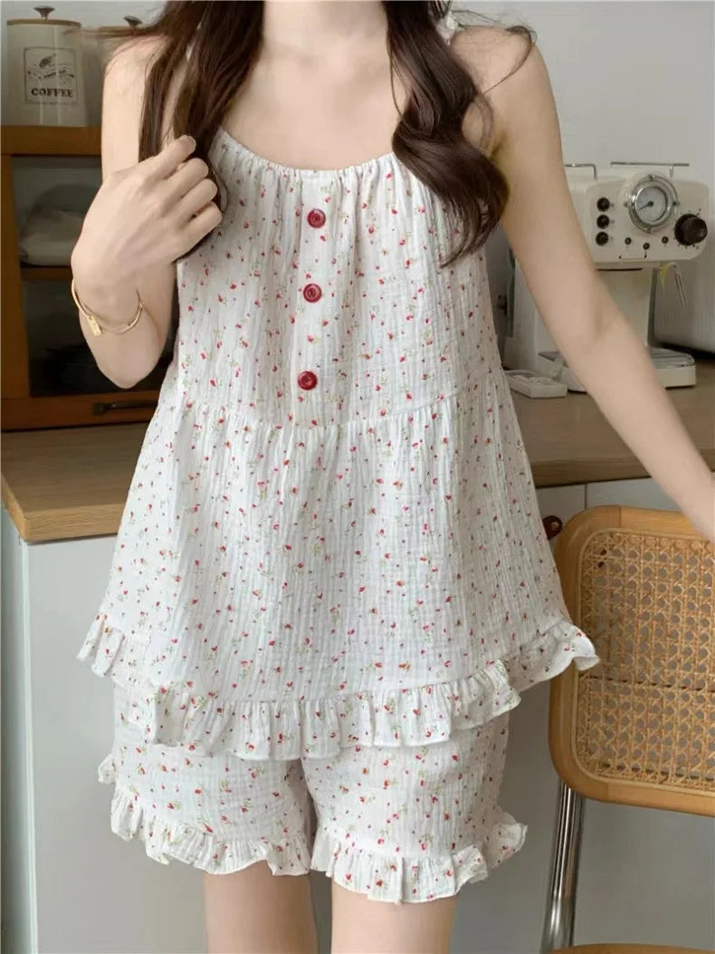 Pajamas - Cotton Nightwear Breathable Pajama Set with Ruffle Detail
