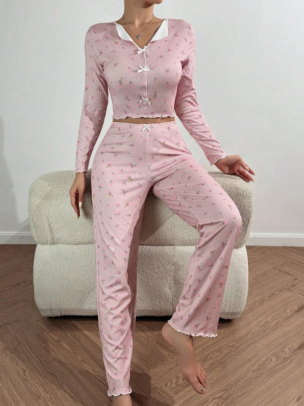 Pajamas - Women Floral Pajama Set with Contrast Piping - Loungewear