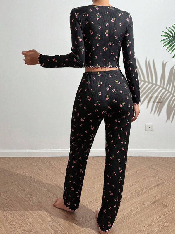 Pajamas - Women Floral Pajama Set with Contrast Piping - Loungewear