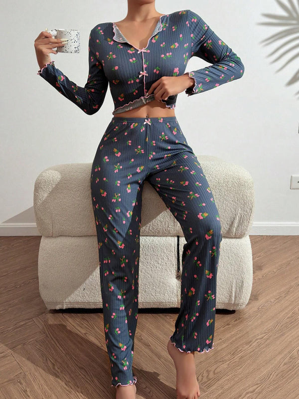 Pajamas - Women Floral Pajama Set with Contrast Piping - Loungewear