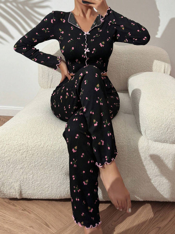 Pajamas - Women Floral Pajama Set with Contrast Piping - Loungewear