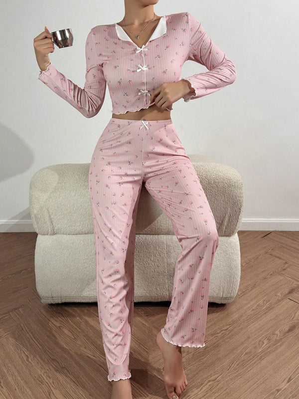 Pajamas - Women Floral Pajama Set with Contrast Piping - Loungewear