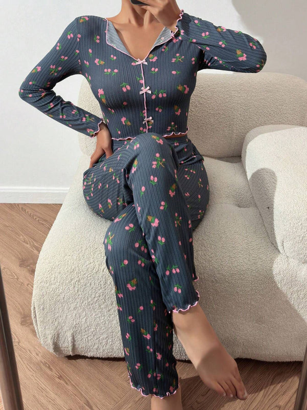 Pajamas - Women Floral Pajama Set with Contrast Piping - Loungewear