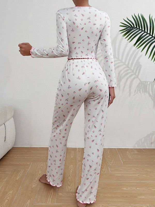 Pajamas - Women Floral Pajama Set with Contrast Piping - Loungewear