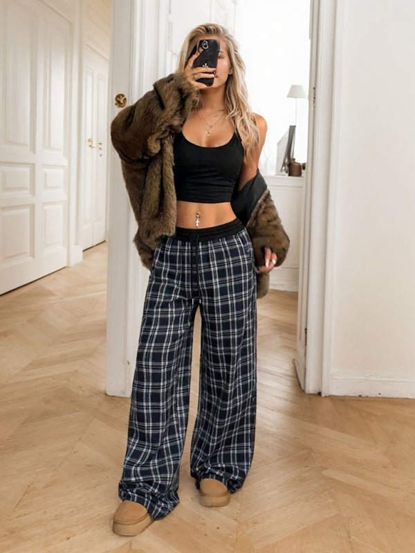 Pants - Casual Lounge Wide-Leg Pants in Plaid for Women
