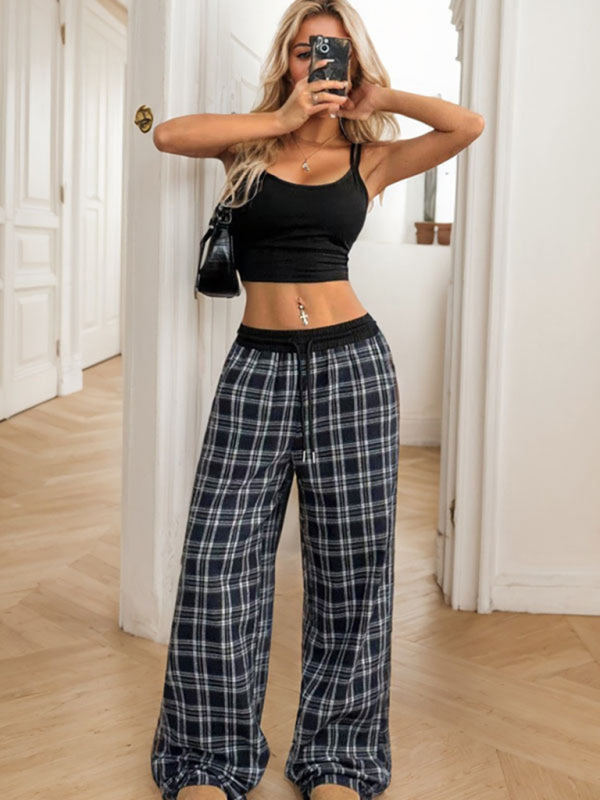 Pants - Casual Lounge Wide-Leg Pants in Plaid for Women