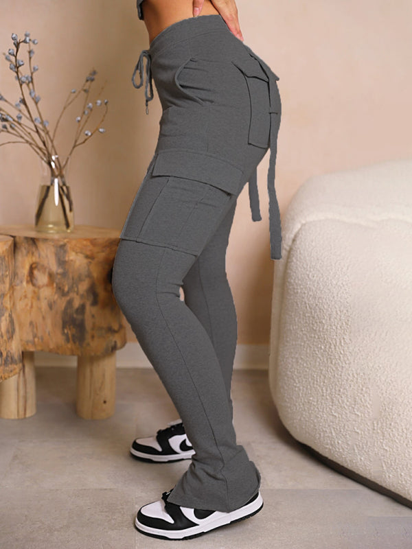 Pants - Casual Pink Cargo Pants with Flap Pockets