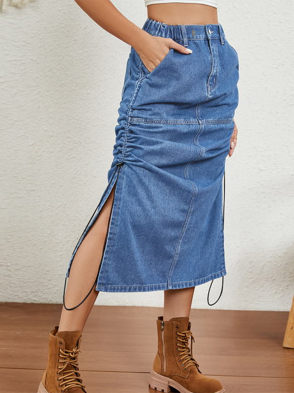 Denim Parachute Skirt with Ruched Side Detail
