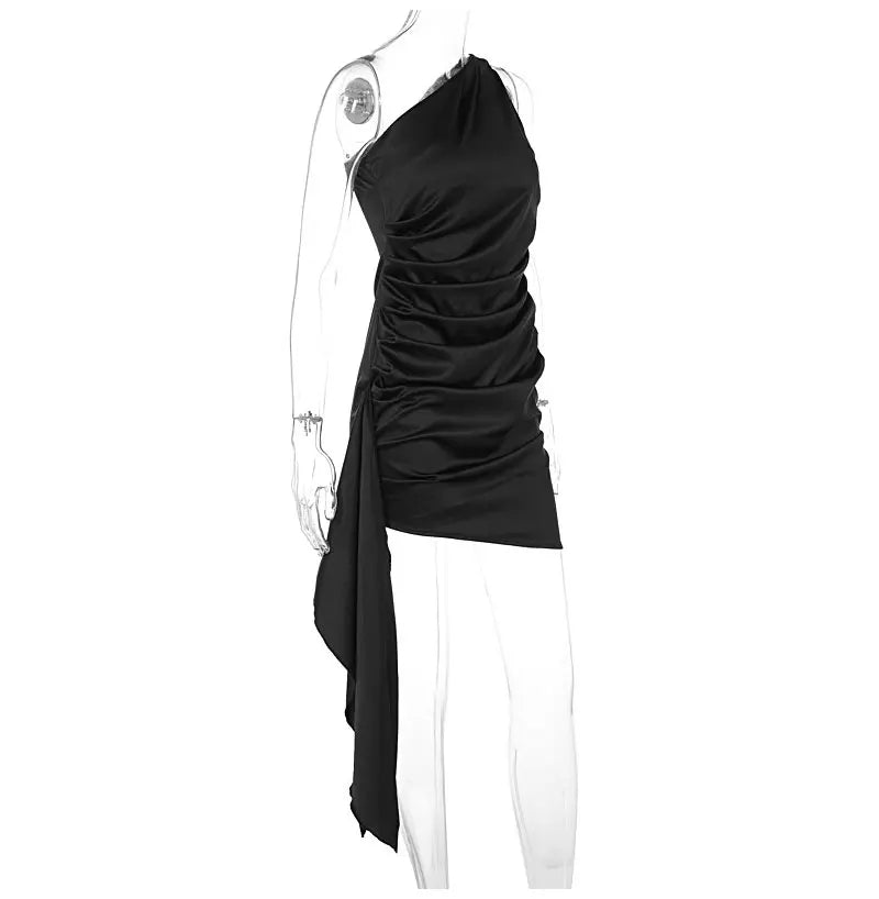 Party Dresses- Satin Mini Dress with One-Shoulder Design for Evening Cocktails- - Pekosa Women Fashion