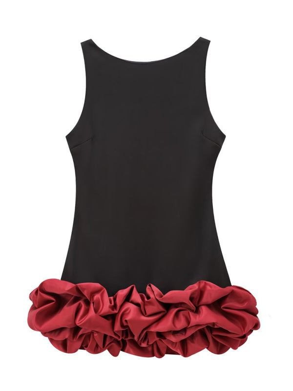 Party Dresses - Red Flounce Accented Black Party Dress