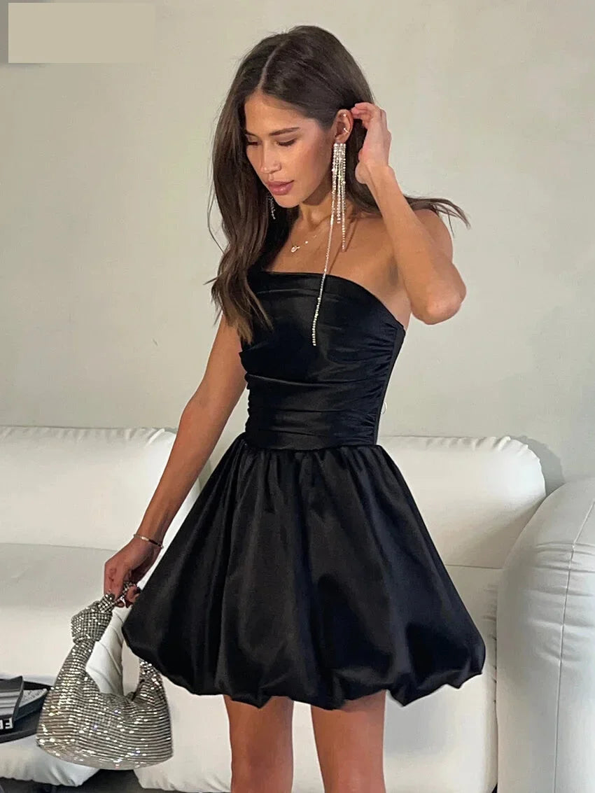 Party Dresses- Strapless Satin Mini Dress for Cocktail Evenings- Black- Chuzko Women Clothing